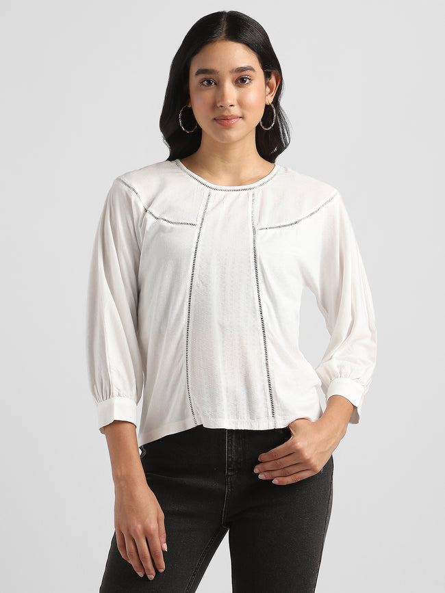 Women White Elegant Top with Balloon Sleeves and Lace Inserts