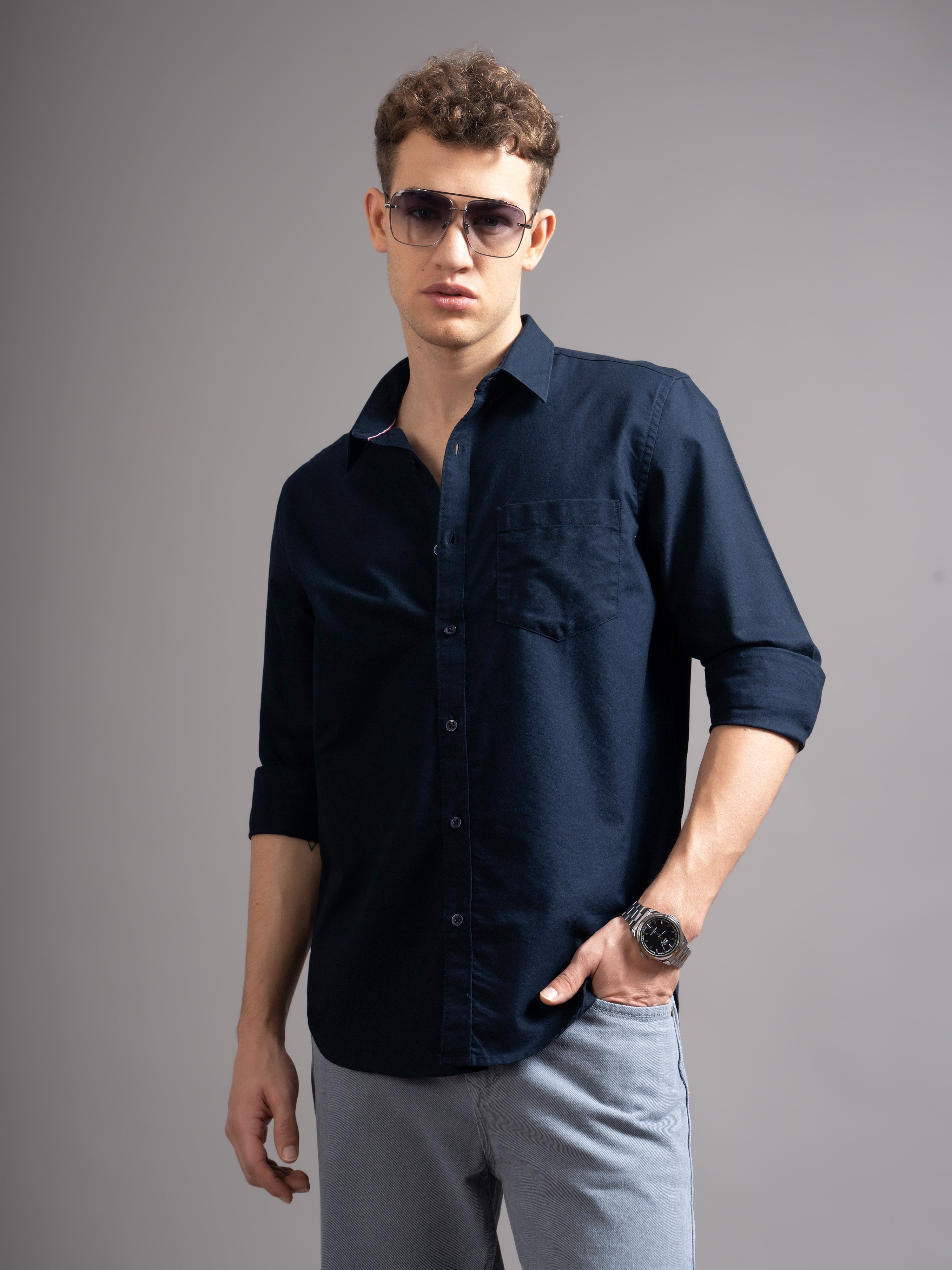 Men Navy Blue Casual Shirt