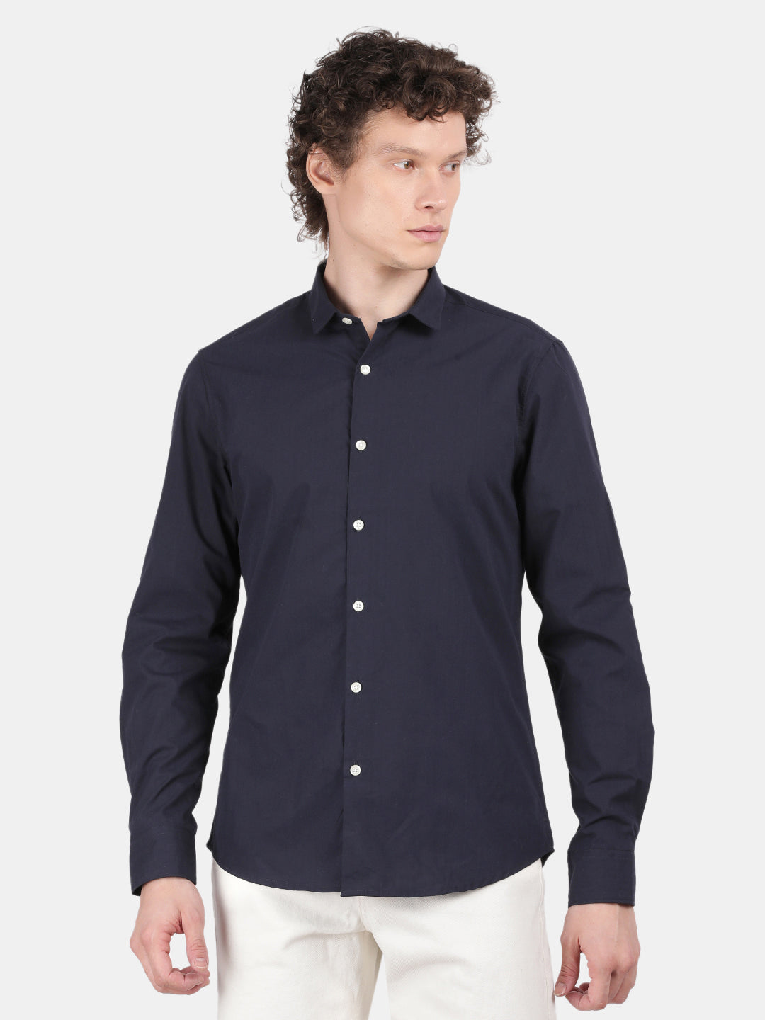 Men Navy Slim Fit Spread Collar Full Sleeve Casual Shirt