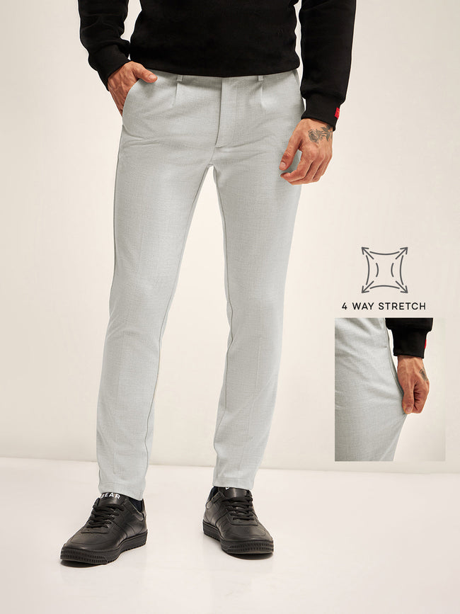 Men Grey Solid 4 Way Stretch Formal Trouser
