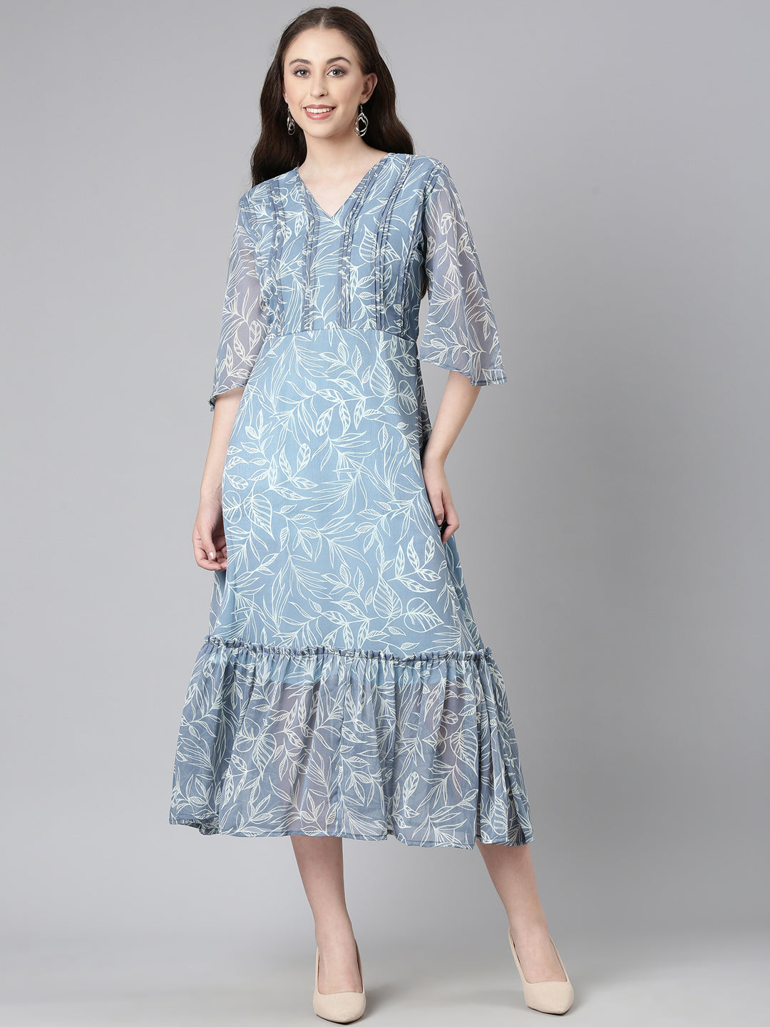 Women Grey Floral Chiffon Dress