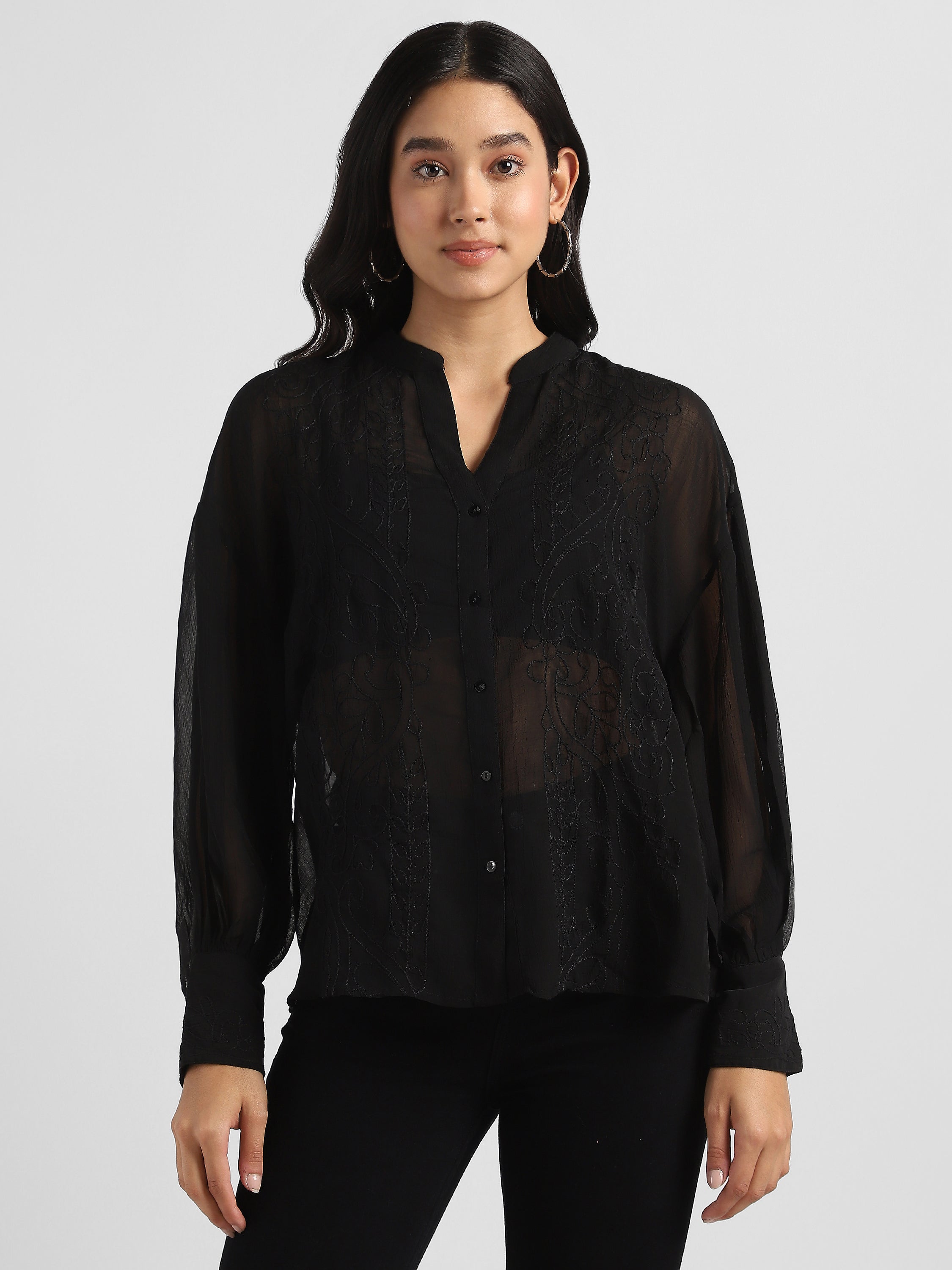 Women Black Embroidered Top