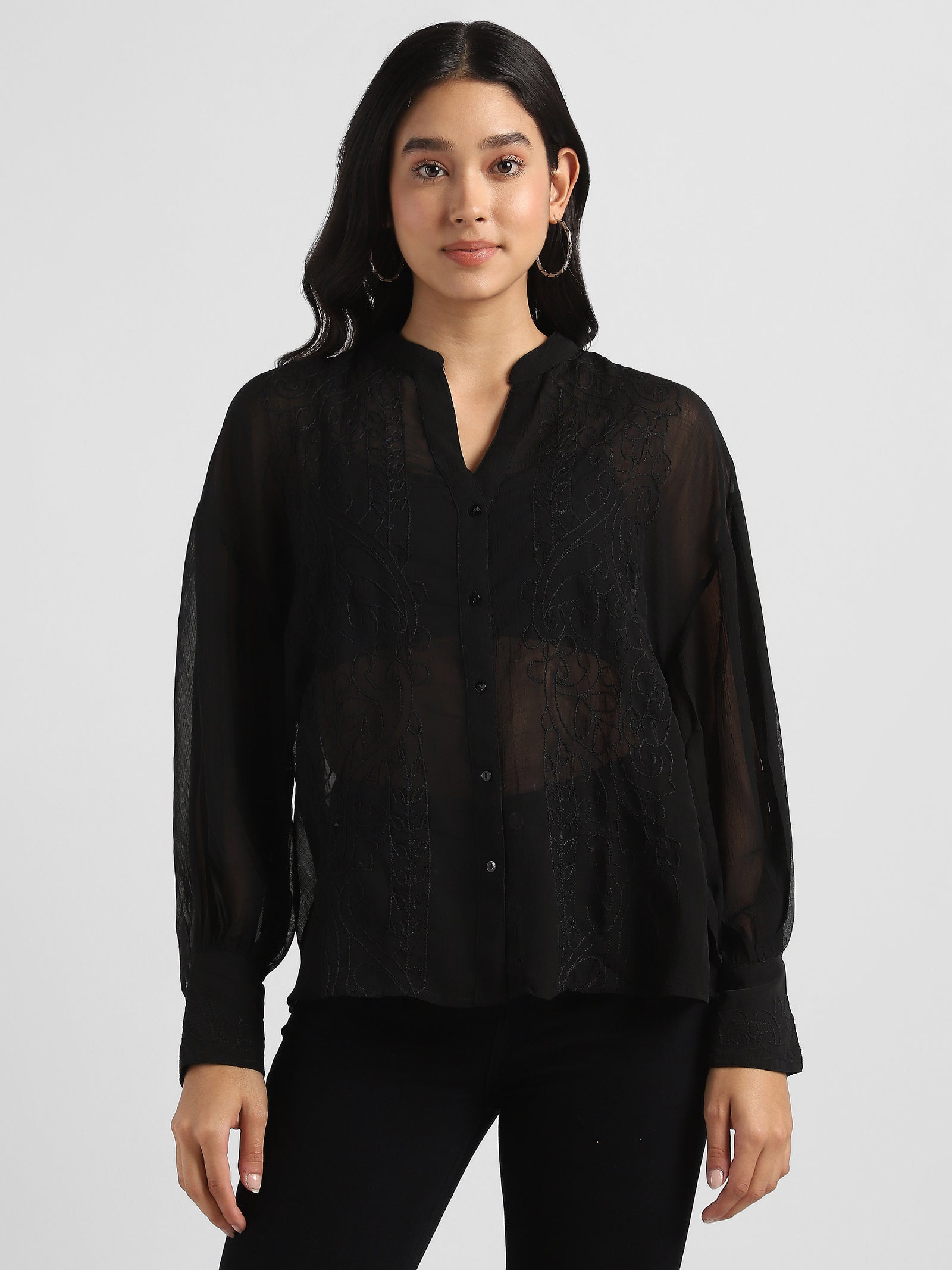 Women Black Embroidered Top