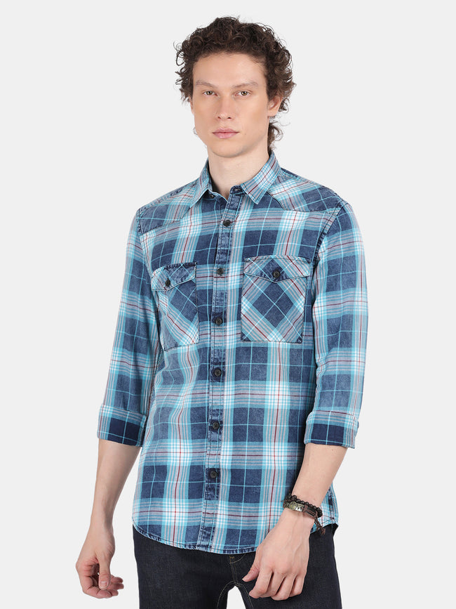 Men Navy Slim Fit Spread Collar Full Sleeve Casual Shirt