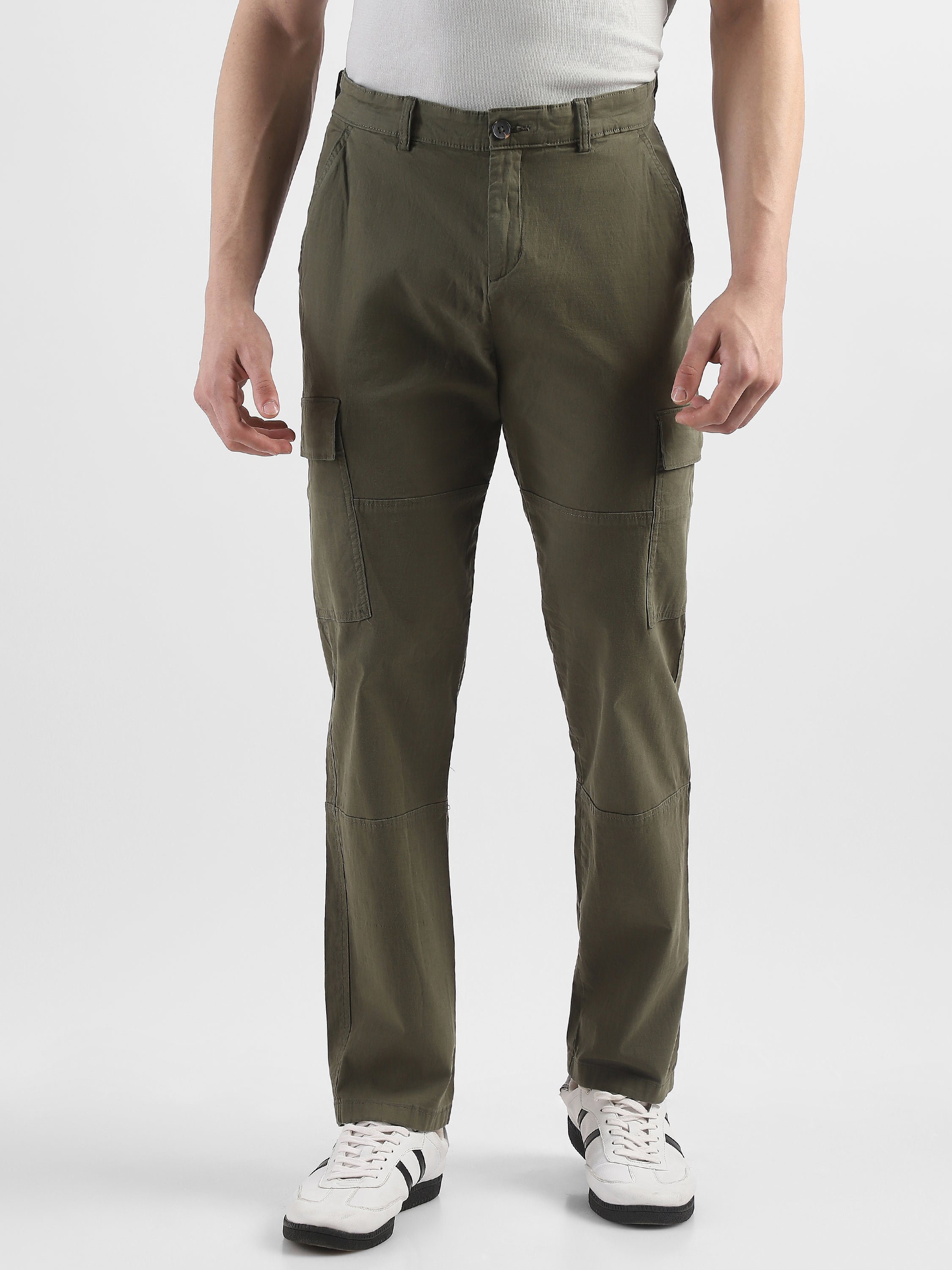 Men Olive Comfort Cargo Pants with 6 Pockets