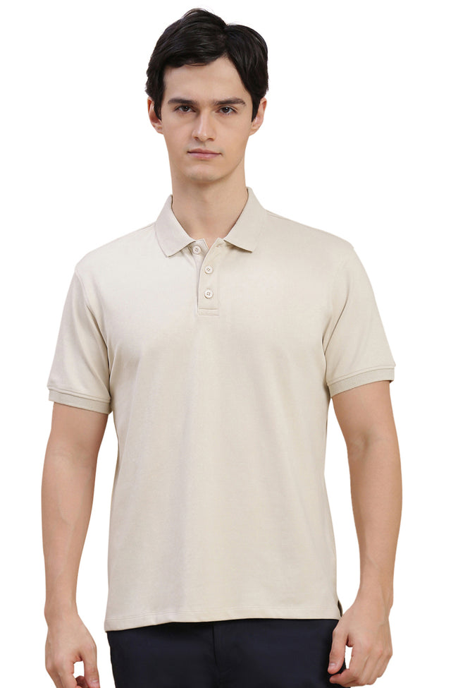 Men Beige Basic Solid Polo T-Shirt