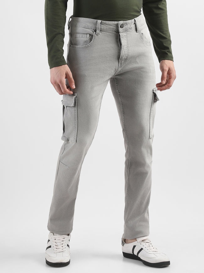 Men Grey Denim Mid Rise Cargo Pants