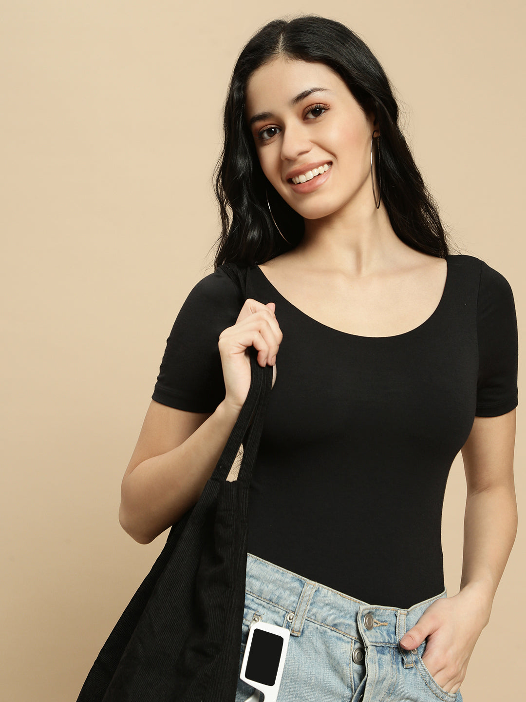 Women Black Half Sleeve Crop Top