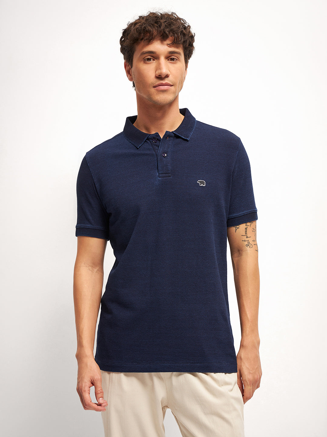 Men Blue Self Design Regular Fit Polo Collar T-shirt