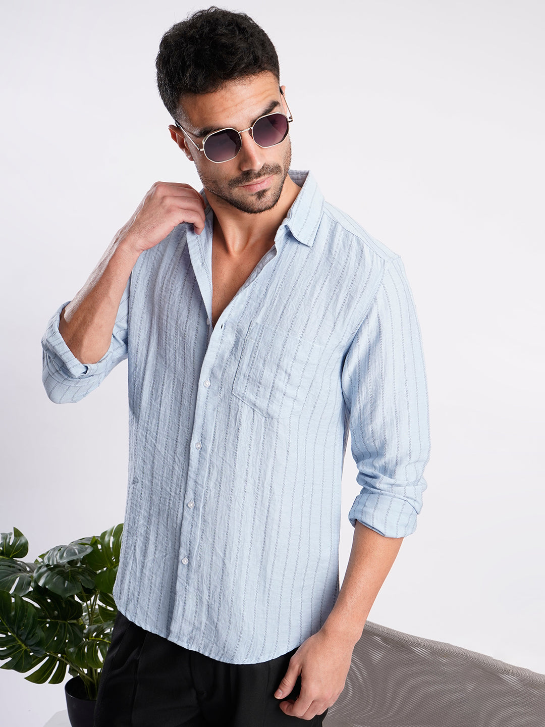Men Blue Striped Single Pocket Shirt