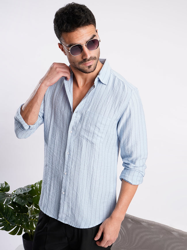Men Blue Striped Single Pocket Shirt