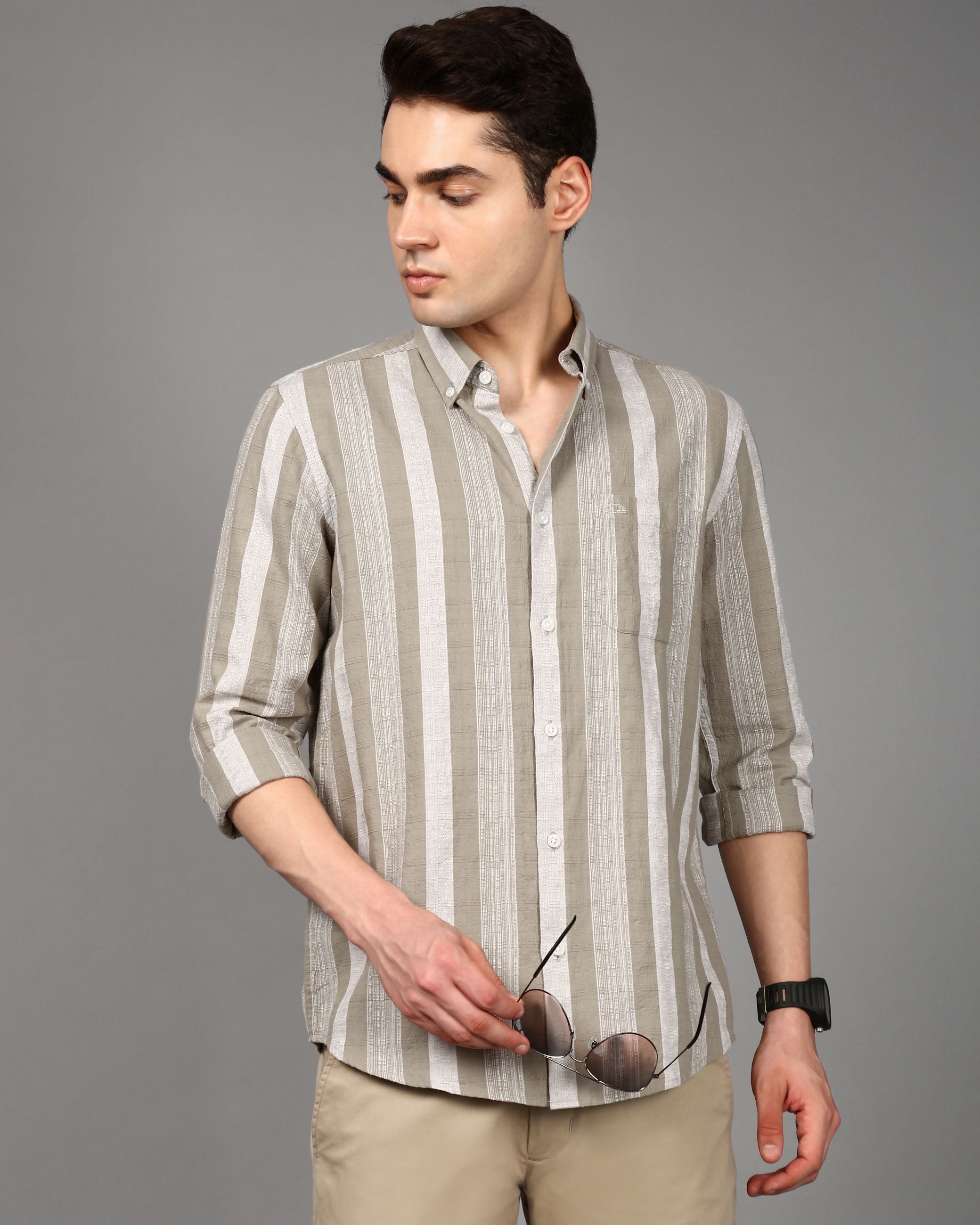 Men Olive Striped Shirt