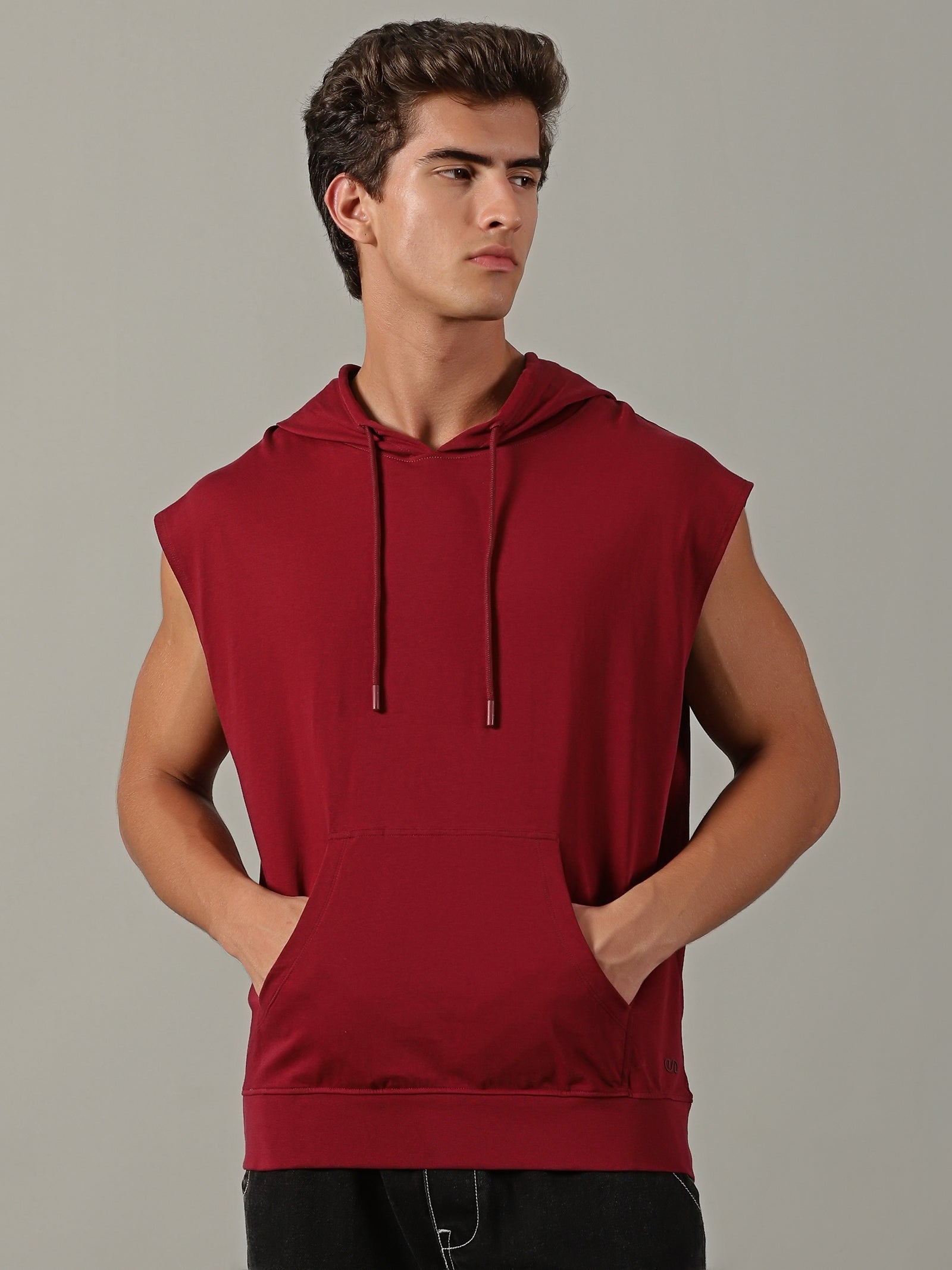 Men Burgundy Sleeveless Hoodie