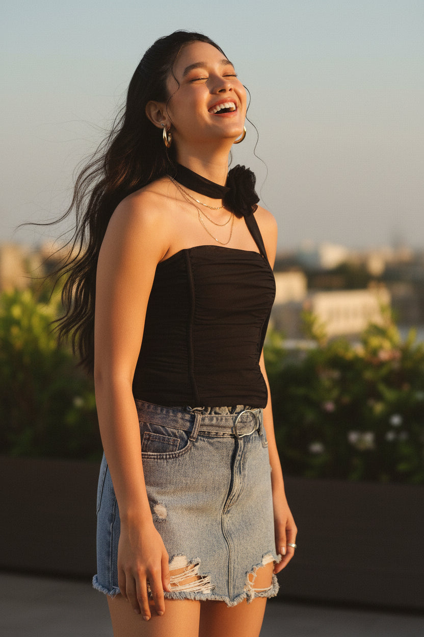Women Black Corset top with neck tie flower