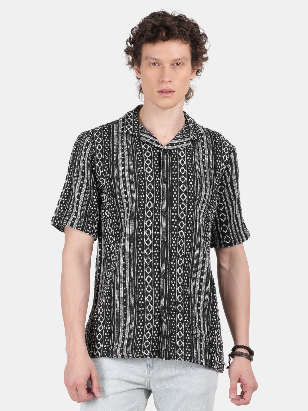 Men Black Slim Fit Spread Collar Half Sleeve Casual Shirt