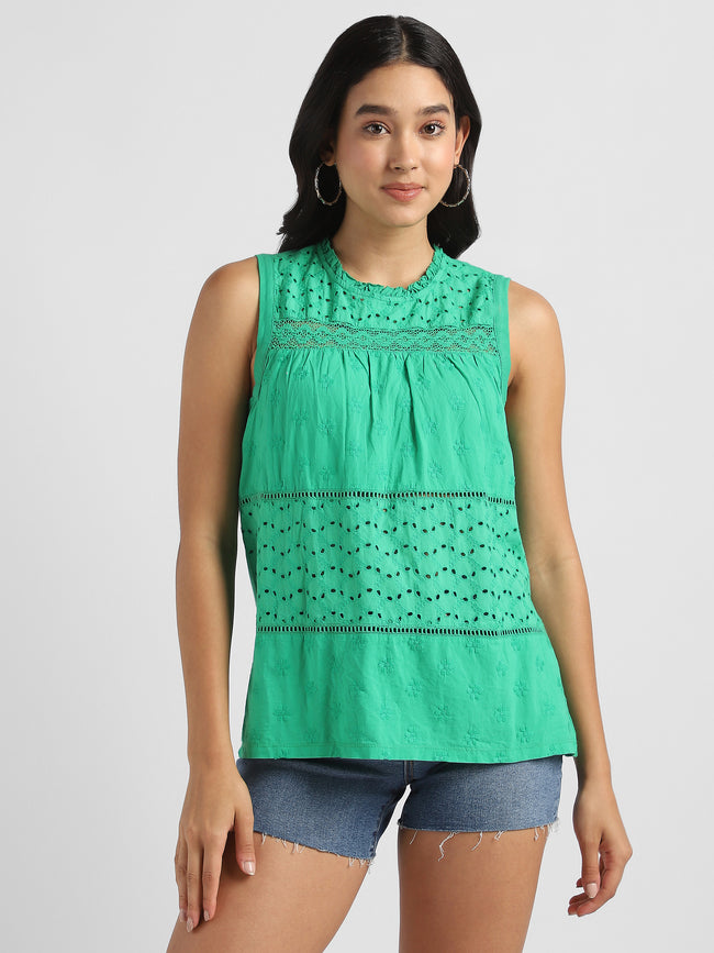 Women Cotton Green Shiffli Embroidered Top