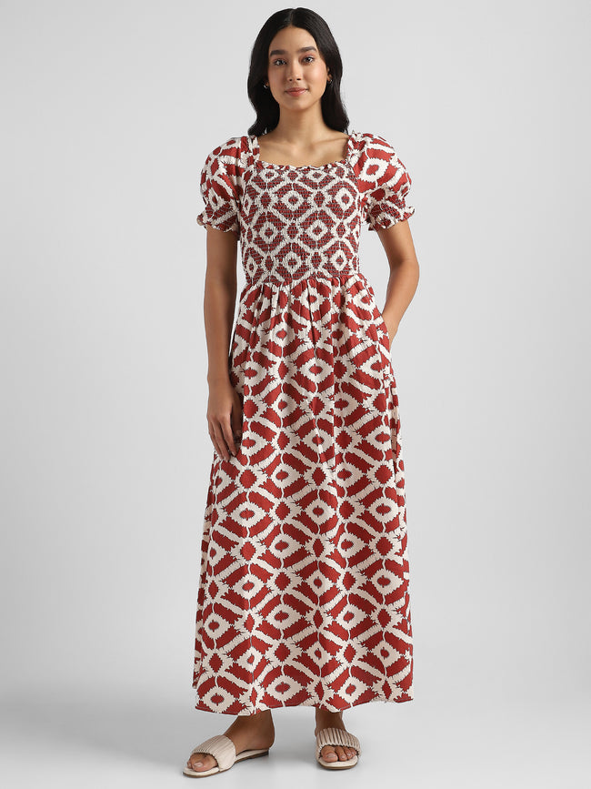 Women Printed Brown Baloon Sleeve Maxi Dress