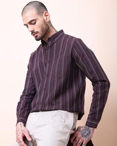 Men Burgundy Striped Shirt