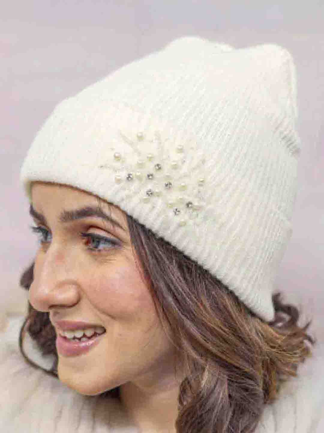 White Beanie with Pearls & Crystals