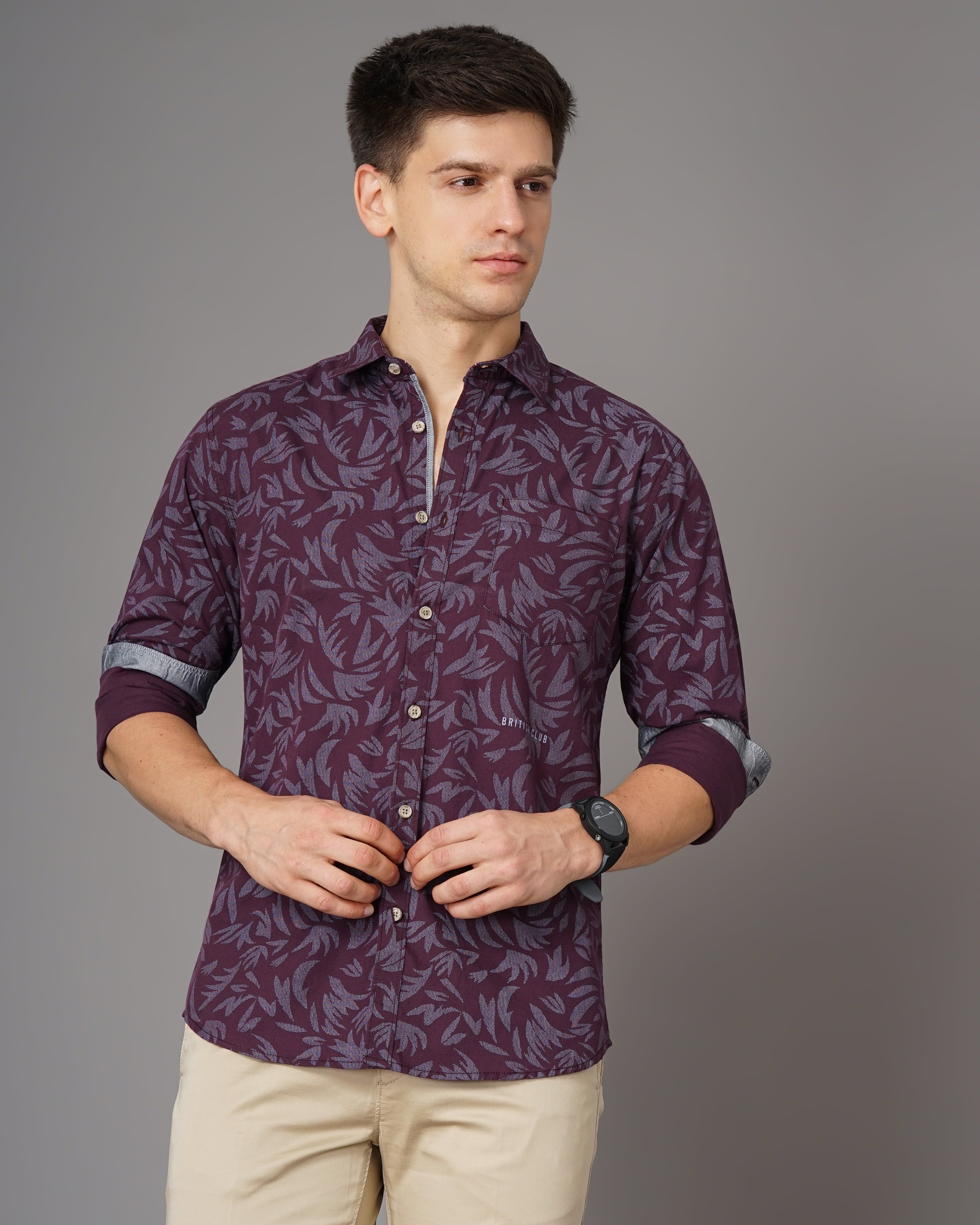 Men Burgundy Cotton Slim Shirt