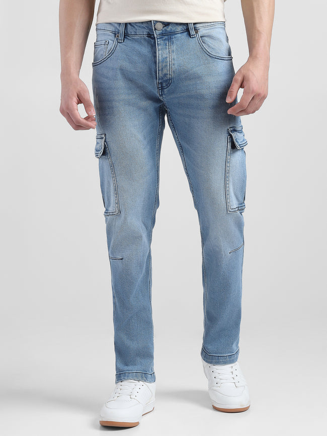 Men Blue Denim Mid Rise Cargo Pants