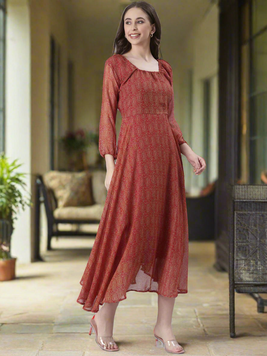 Women Red Printed Fit & Flare Dress