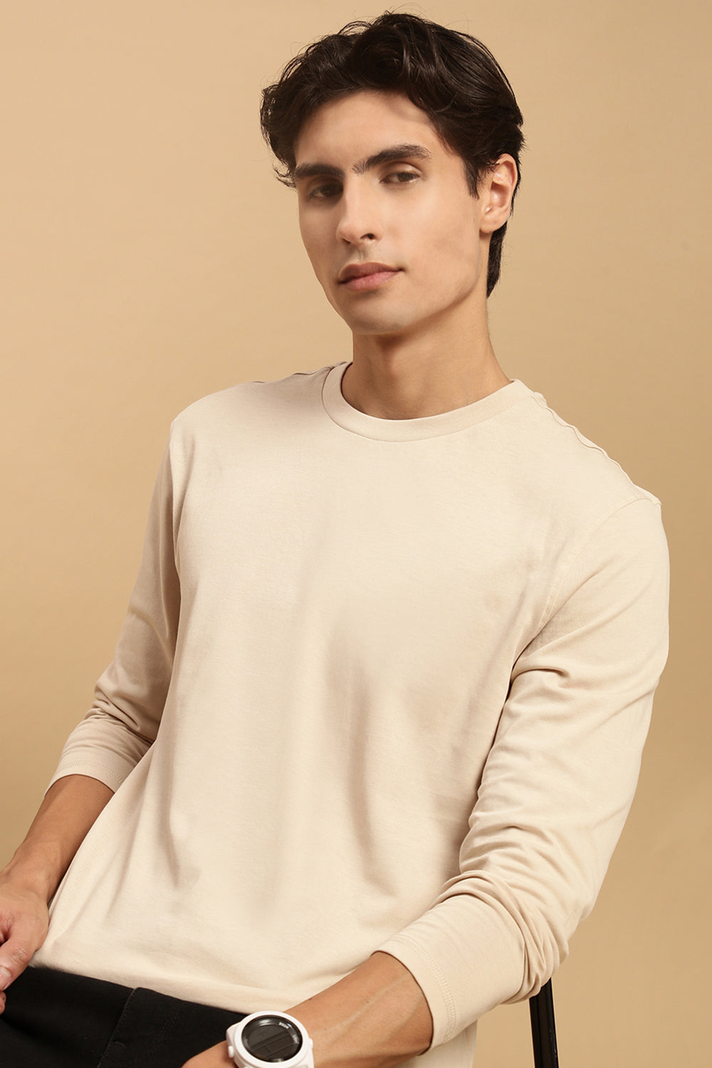 Men Beige Full Sleeve T-Shirt