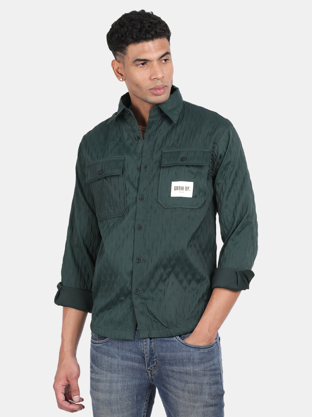 Men Dark Green Slim Fit Spread Collar Full Sleeve Casual Shirt