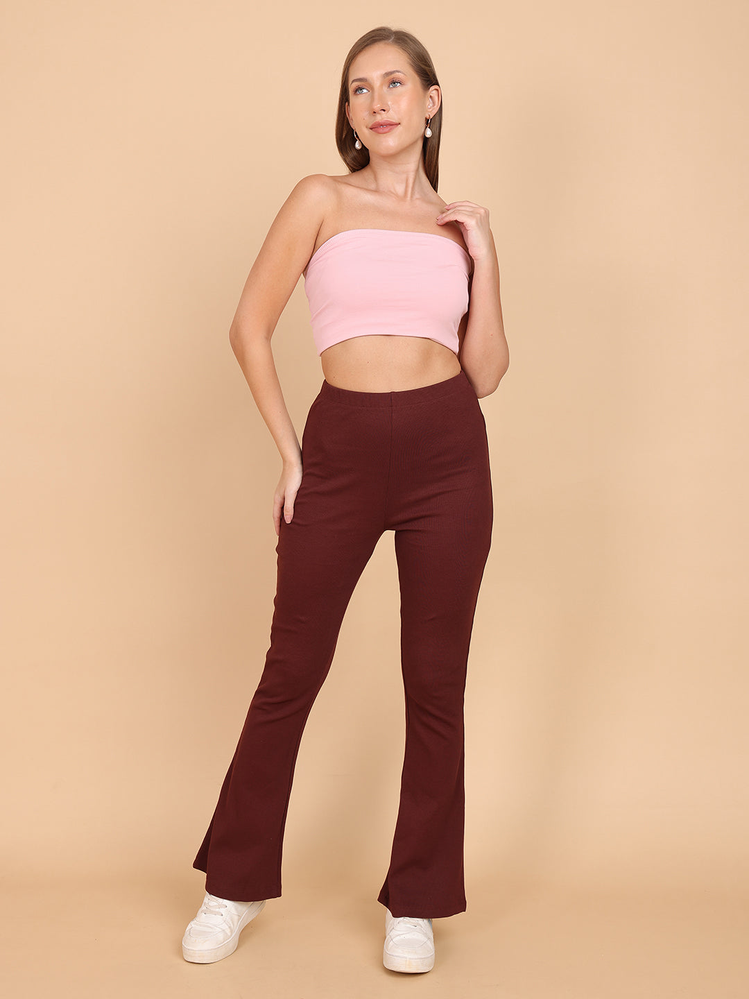 Women Brown Fit And Flare Rib Pant