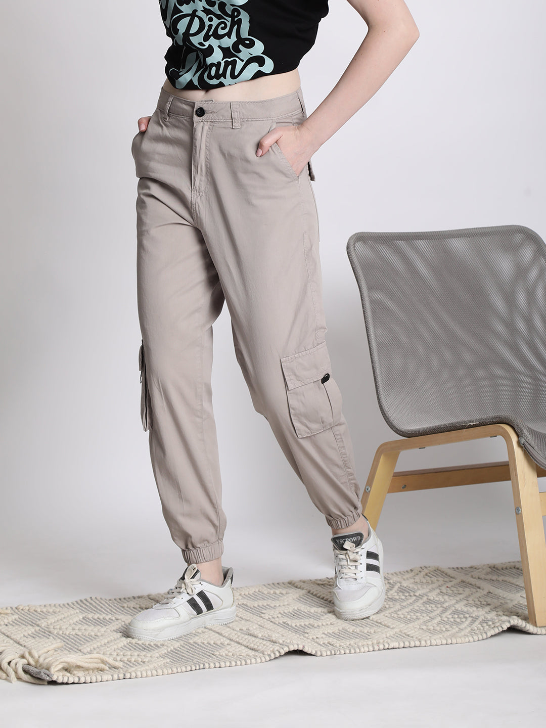 Women Grey Cargo Joggers with Flap Pockets