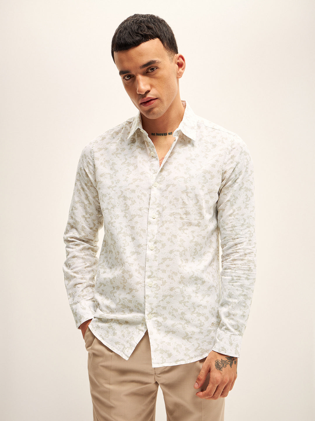 Men Beige Printed Slim Fit Casual Shirt