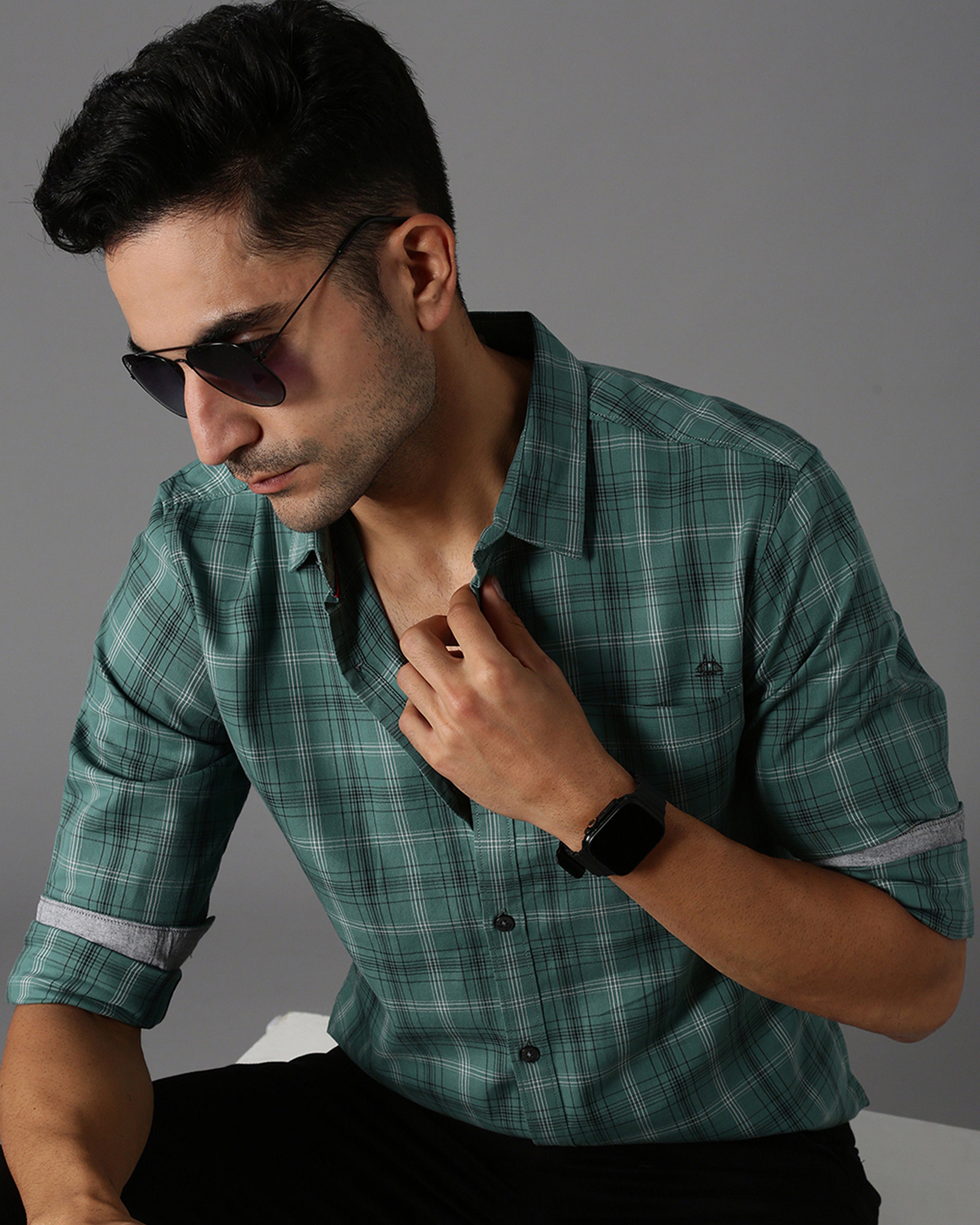 Men Green Cotton Slim Shirt