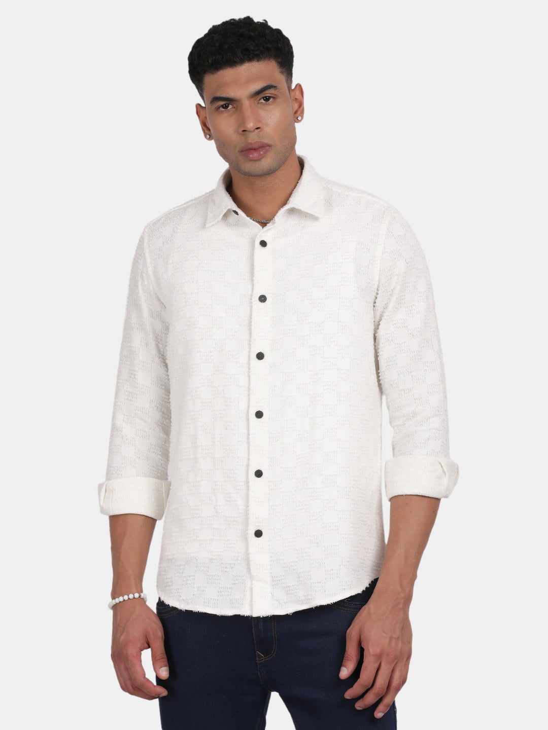 Men White Slim Fit Spread Collar Full Sleeve Casual Shirt