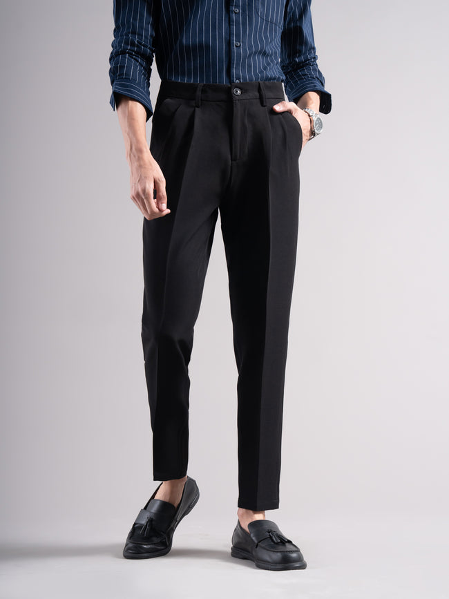 Men Black Pleated Chinos Trousers