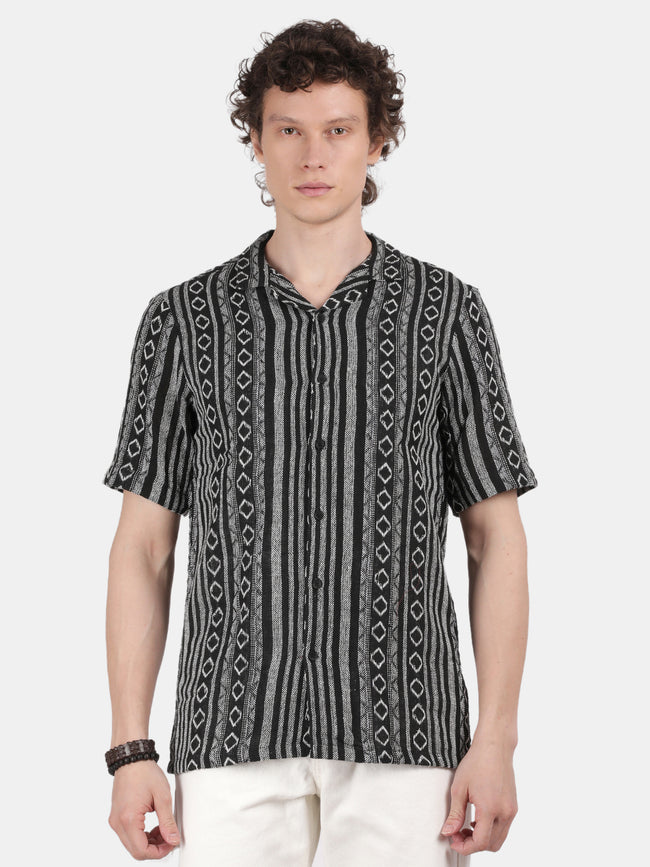 Men Black Slim Fit Spread Collar Half Sleeve Casual Shirt
