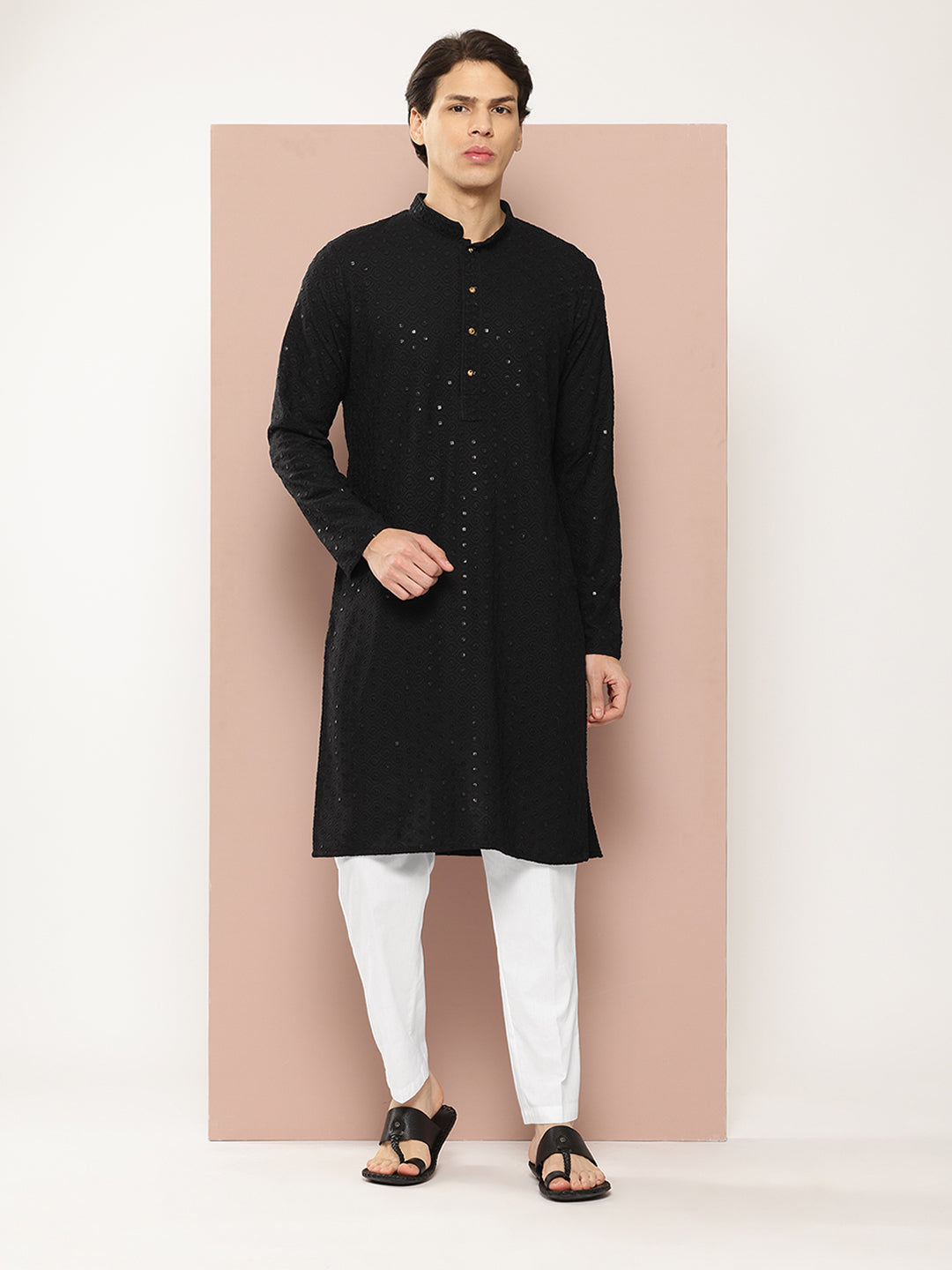 Men Black Embroidered Sequined Rayon Kurta