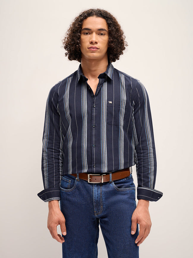 Men Blue Stripe Slim Fit Casual Shirt
