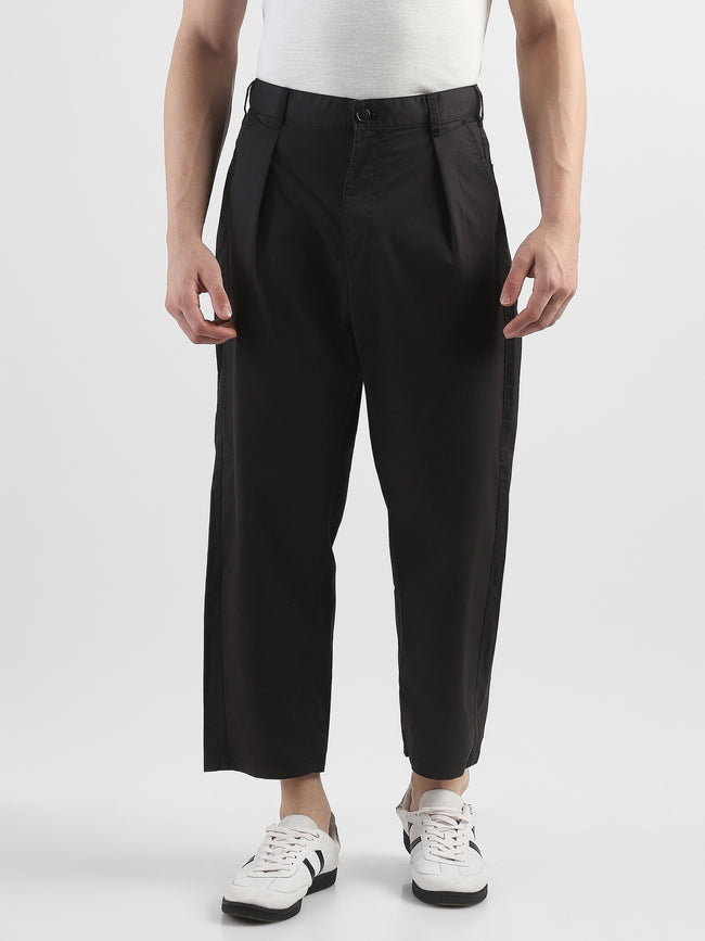 Men Black Pleated Mid Rise Comfort Fit Trousers