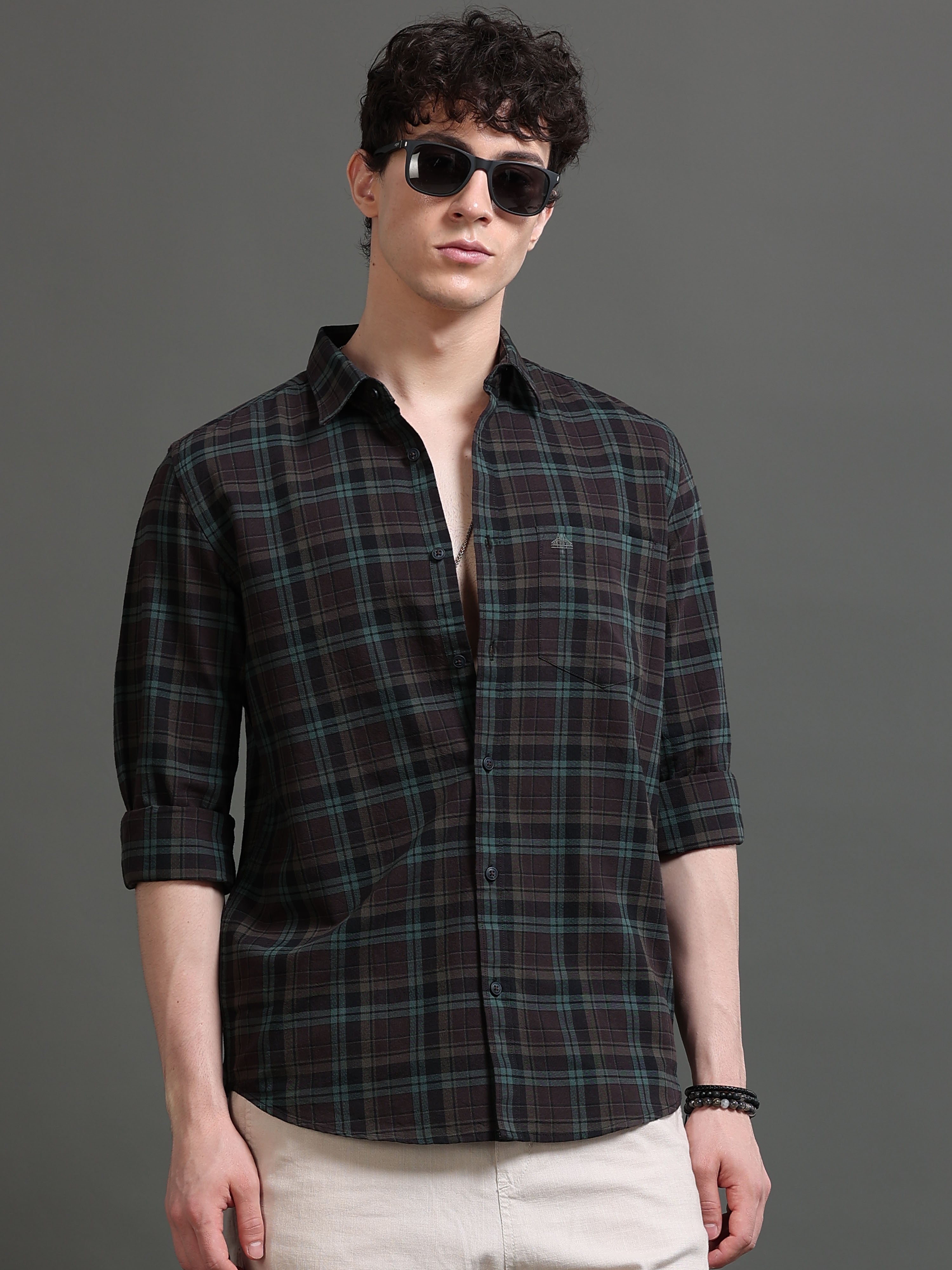 Men Green Checked Shirt