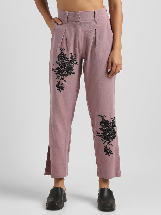 Women Pink Embroidered Pants with Slit