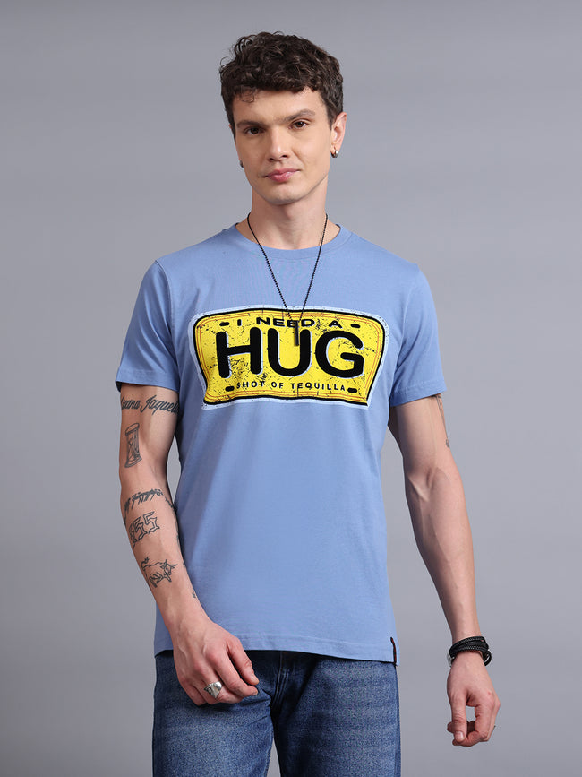 Men Blue Cotton Regular T-Shirt