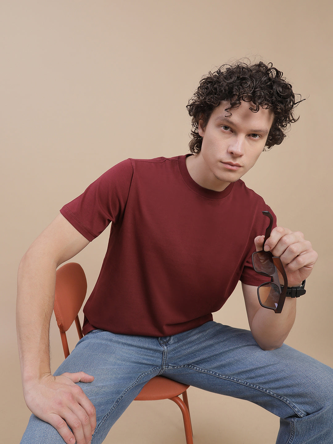 Men Burgundy Crew Neck T-Shirt