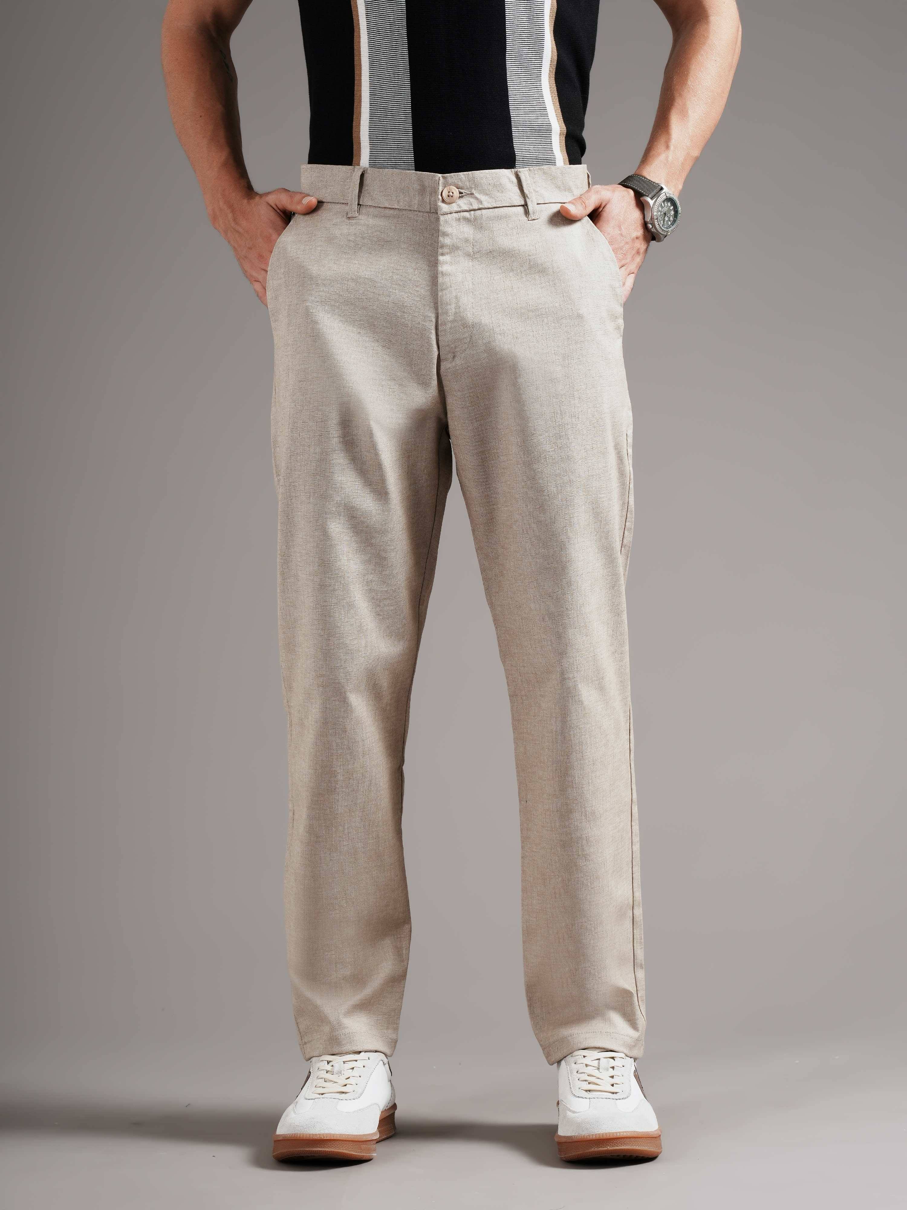 Men Beige Straight Fit Trousers