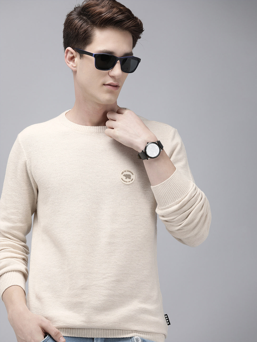 Men Ardor Edition Beige Self-Designed Slim Fit Knitted Pullover
