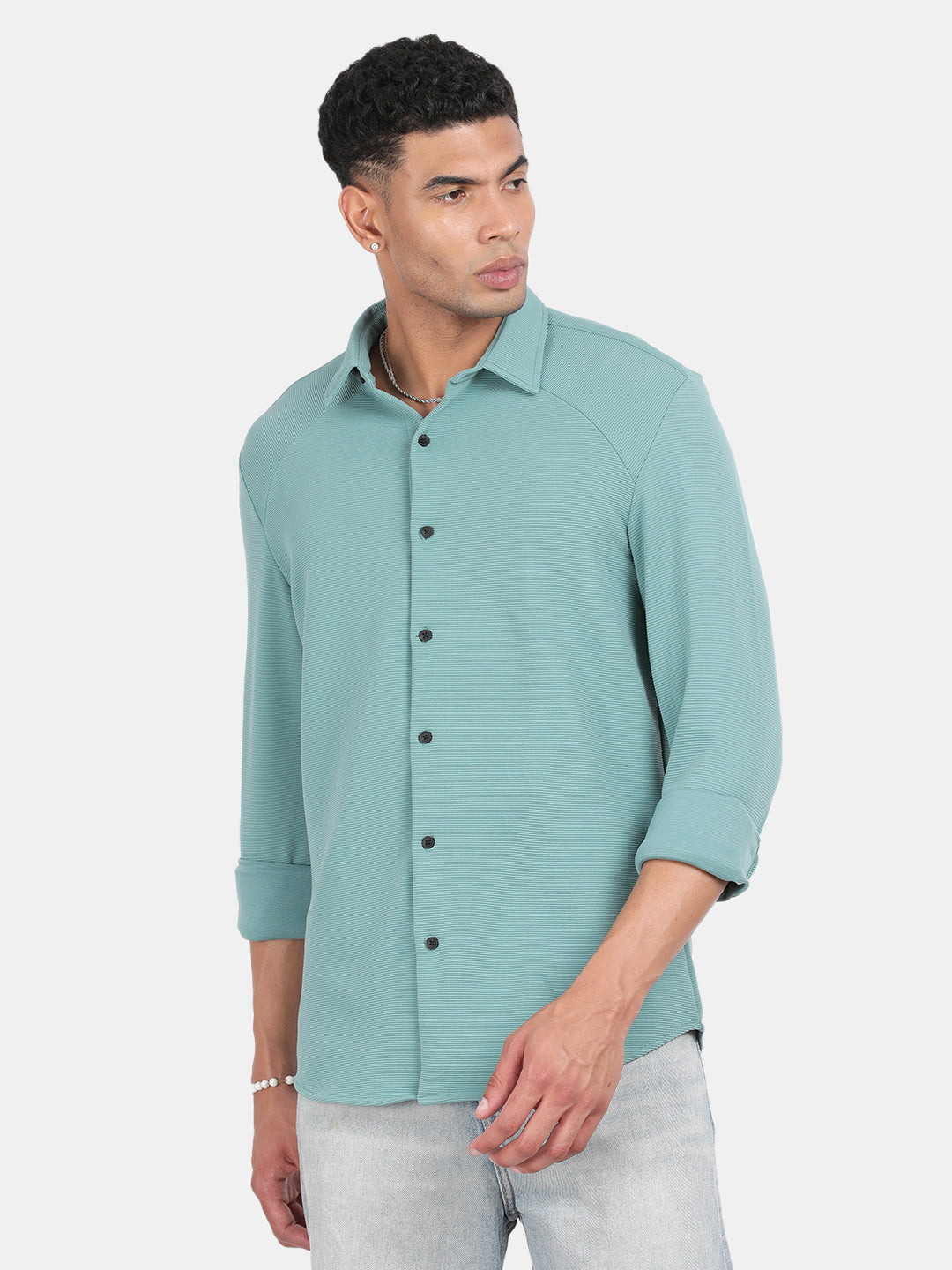 Men Light Green Slim Fit Spread Collar Full Sleeve Casual Shirt
