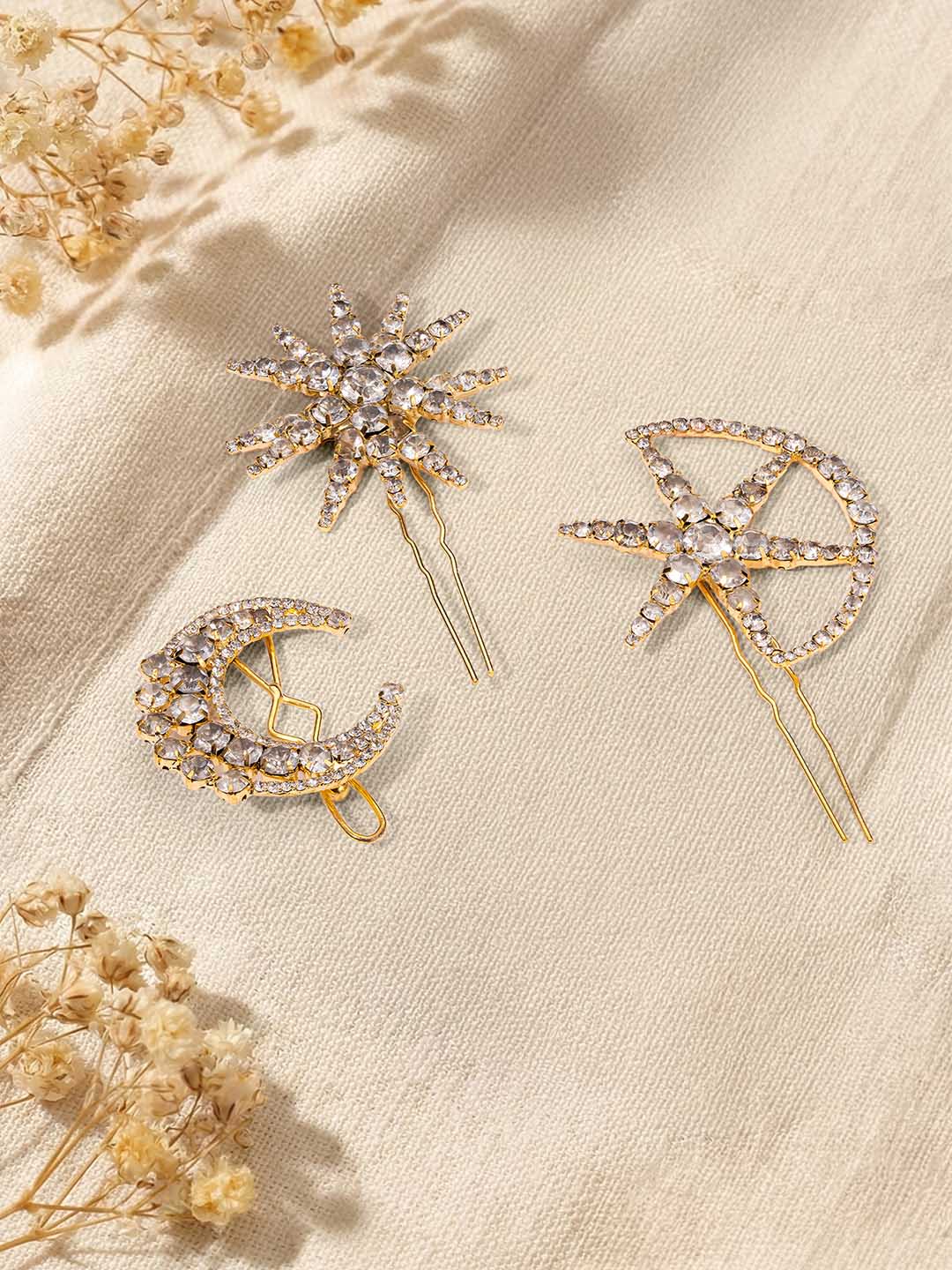 Women Rose Gold Set Of 3 Celestia Crystal Hair Pins