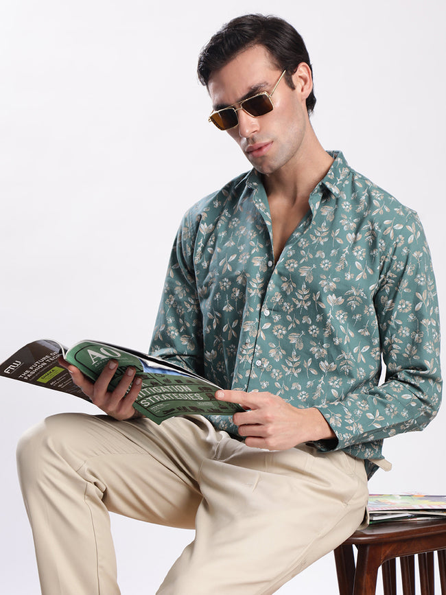Men Turquoise Floral Printed Shirt