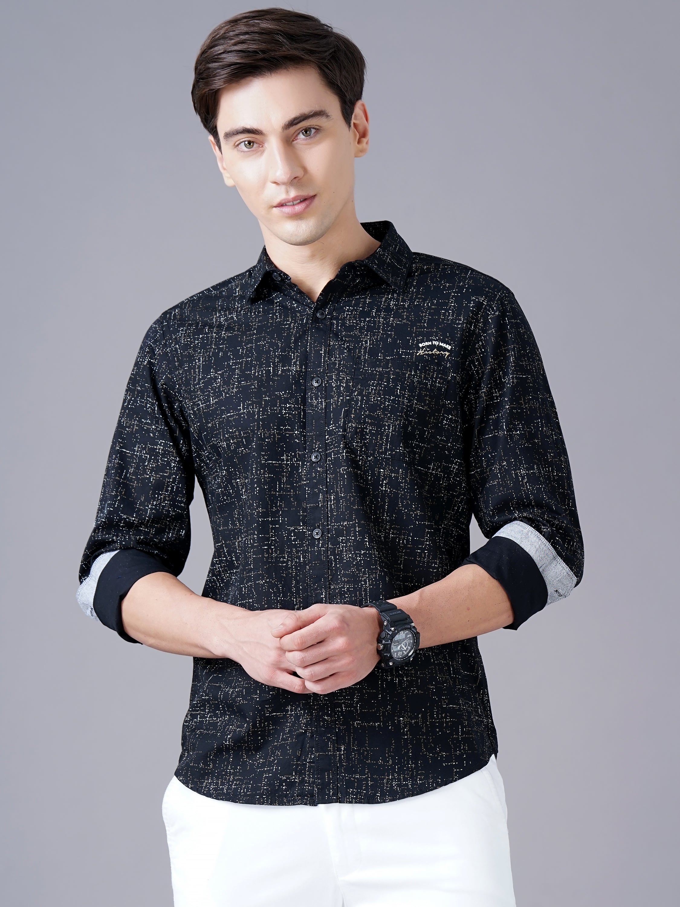 Men Black Cotton Slim Shirt