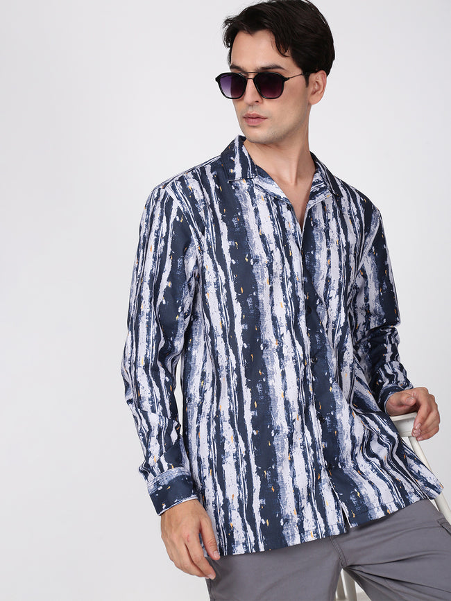 Men Navy Resort Collar Relax Fit Printed Shirt