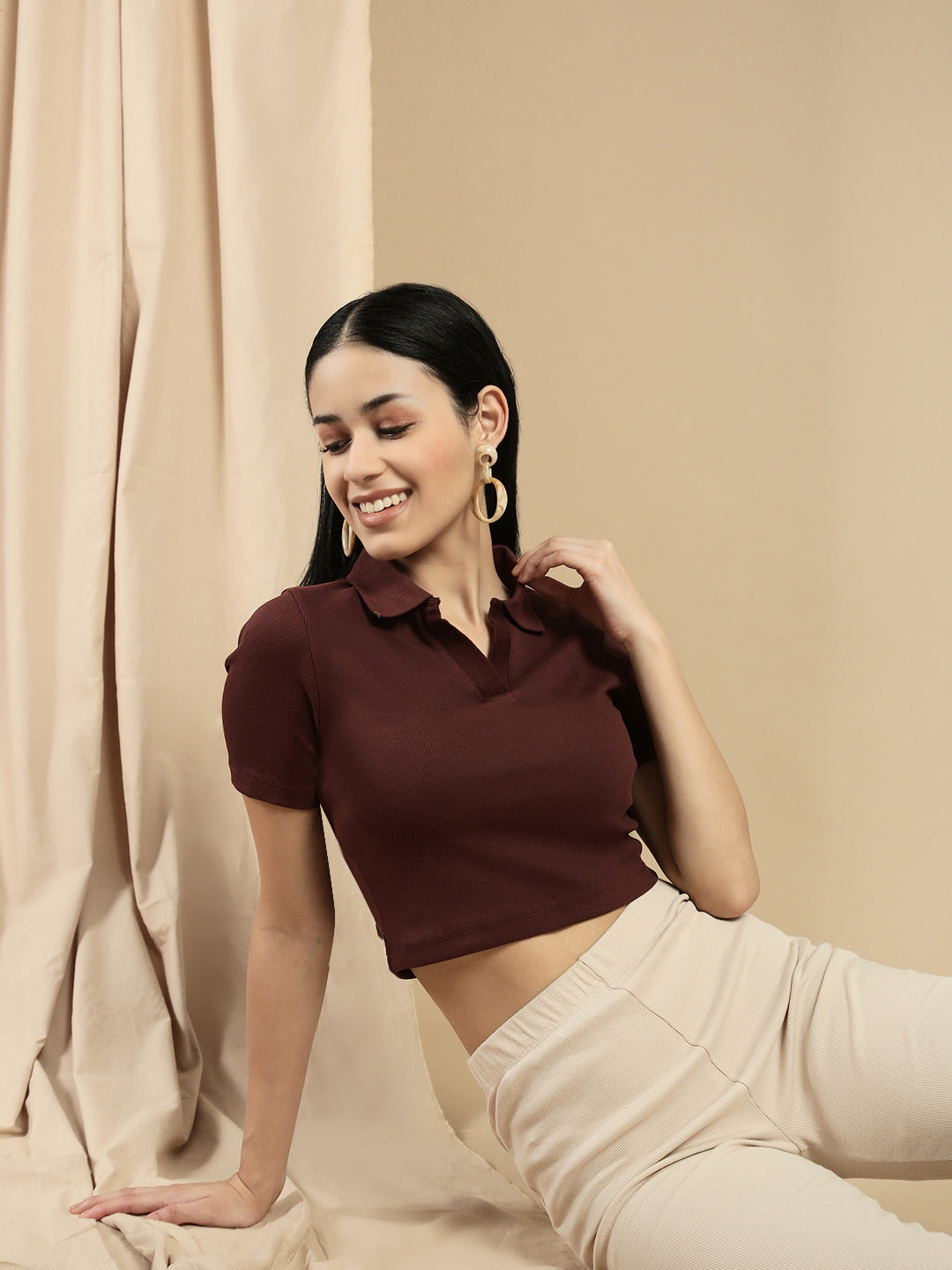 Women Brown Half Sleeve Crop Top